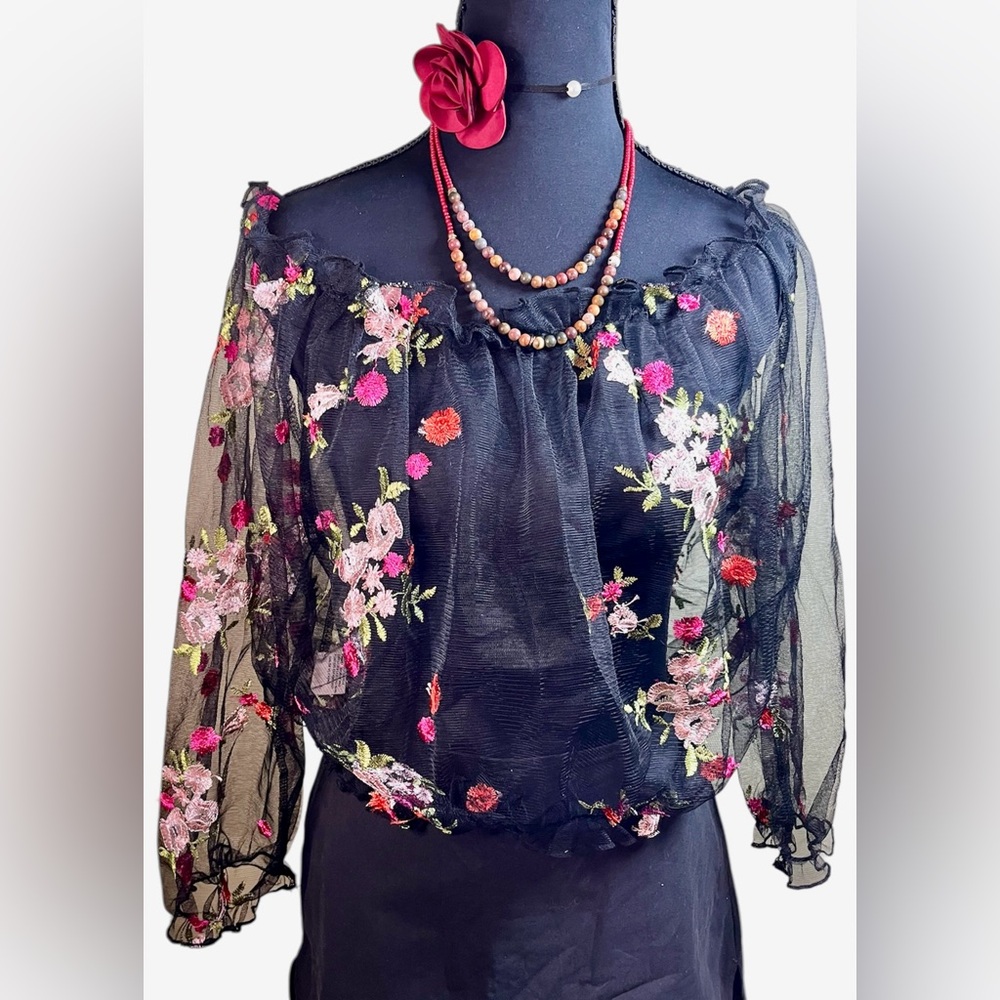 Romantic boho peasant off the shoulder mesh blouse